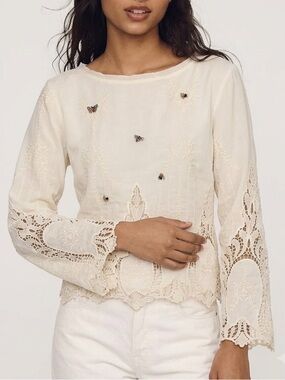 Anthropologie Arrata Silent Journey Sheer Beaded Embroidered Crochet Lace Top M